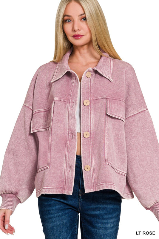 Acid Wash Cropped Fleece Jacket