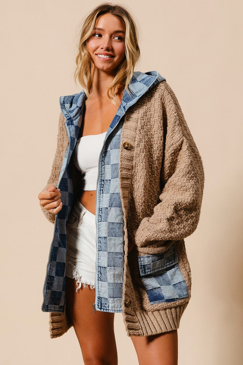 Checkered Denim Zip Up Sweater Cardigan