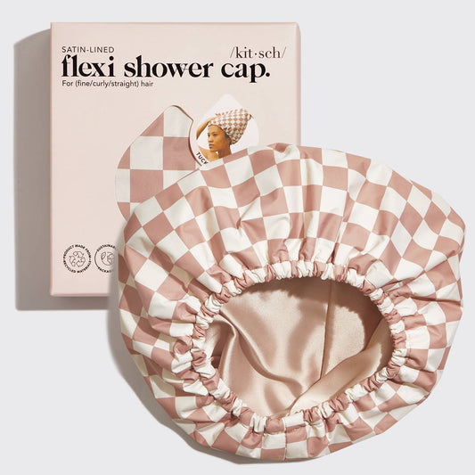 KITSCH - Satin Lined Flexi Shower Cap - Terracotta Checker