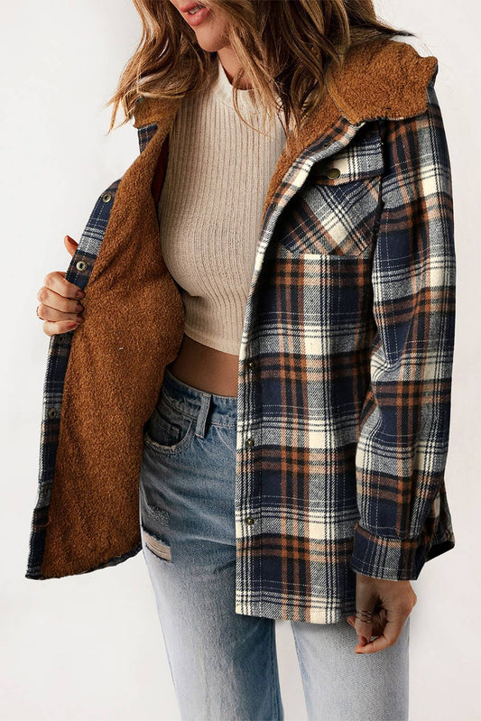 The Amy Blue Plaid Sherpa Lined Hooded Shacket