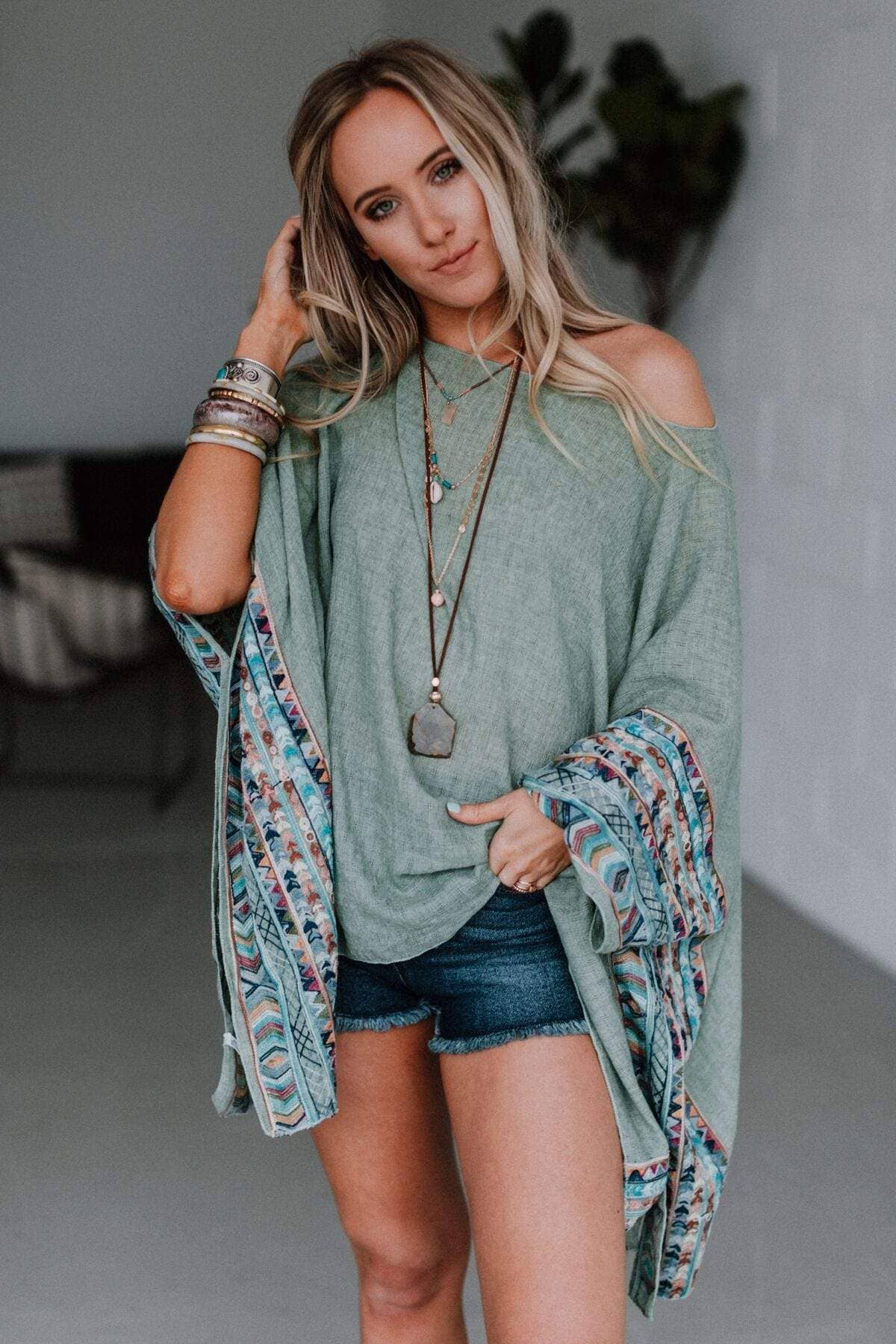 Fallon Embroidered Sleeve Poncho - Sage