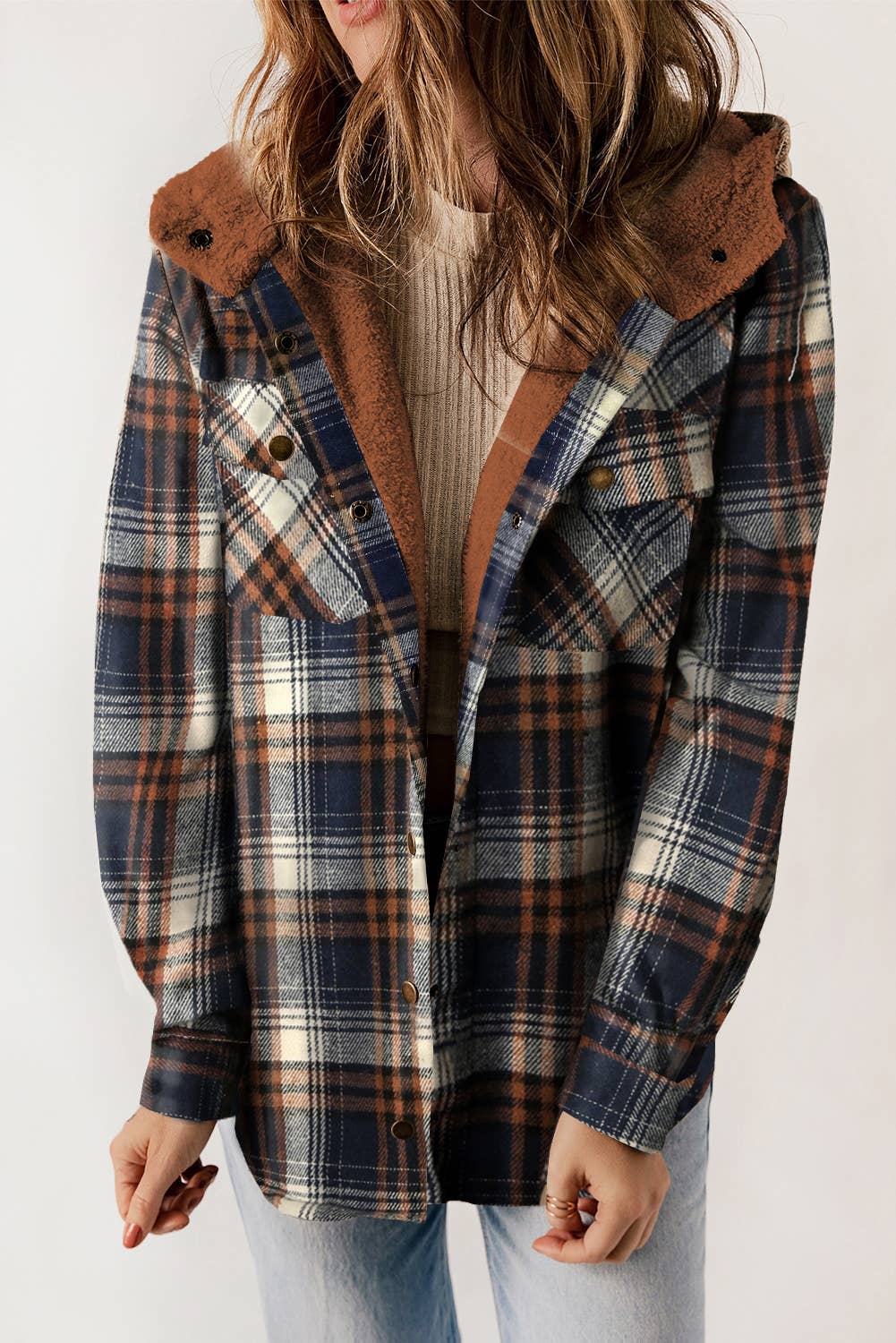 The Amy Blue Plaid Sherpa Lined Hooded Shacket