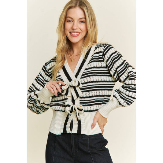 Cozy Loose Fit Stripe Bow Cardigan w/Rib Bands